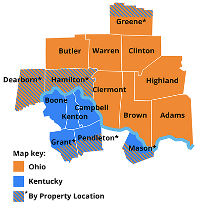 map of OH, IN and KY counties where we build